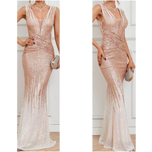 Luxe Sequin High Waisted Mermaid Hem Fitted Prom Formal Wedding Dress - Picture 1 of 3